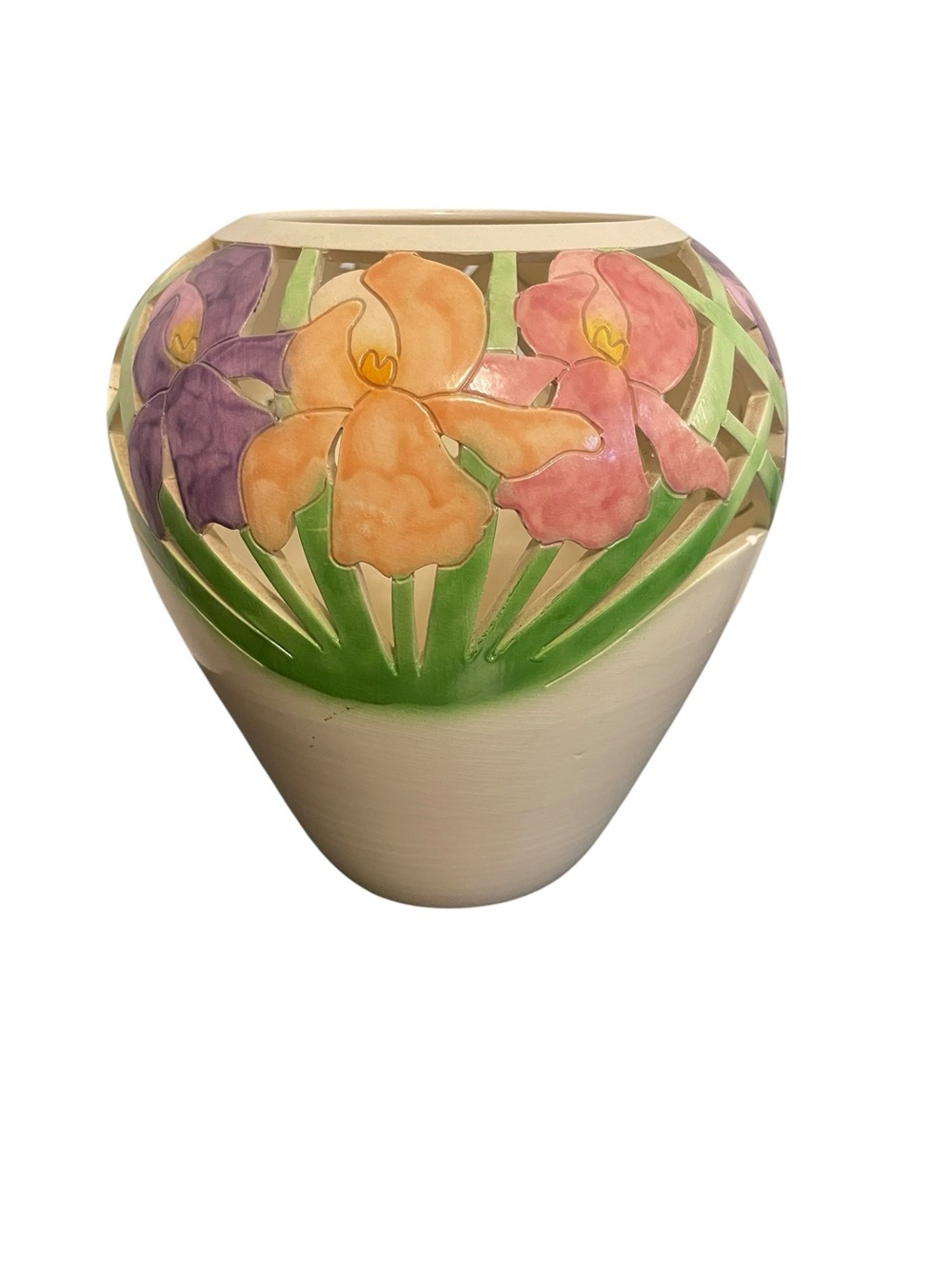 David Nelson Ceramic Iris Floral Vase Lattice Cut Out Hand Painted Botanical